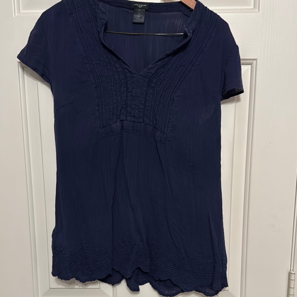 Ann Taylor Blue Relaxed Blouse with Mandarin Collar